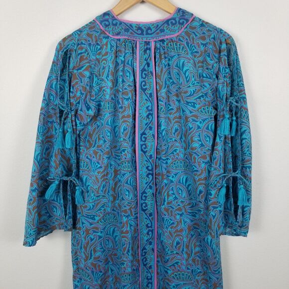 Cleobella Blue Bria Zuri Block Print Kaftan Midi Dress No Belt Size XS *Damaged - Picture 13 of 16